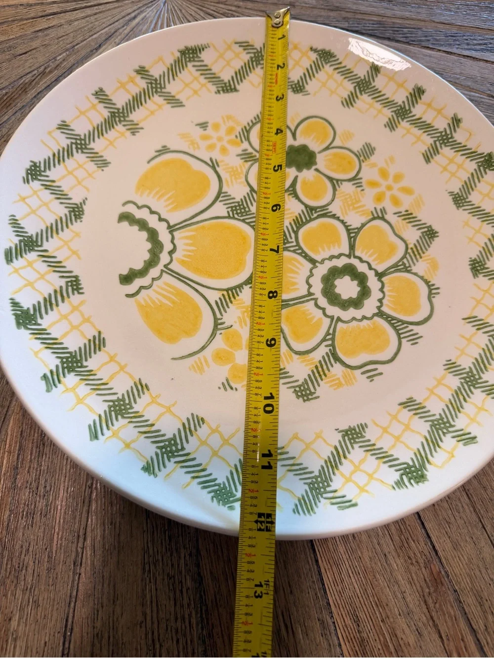 Vintage 12” Round Serving Platter Yellow Green Floral Plaid Folk Art Cottage